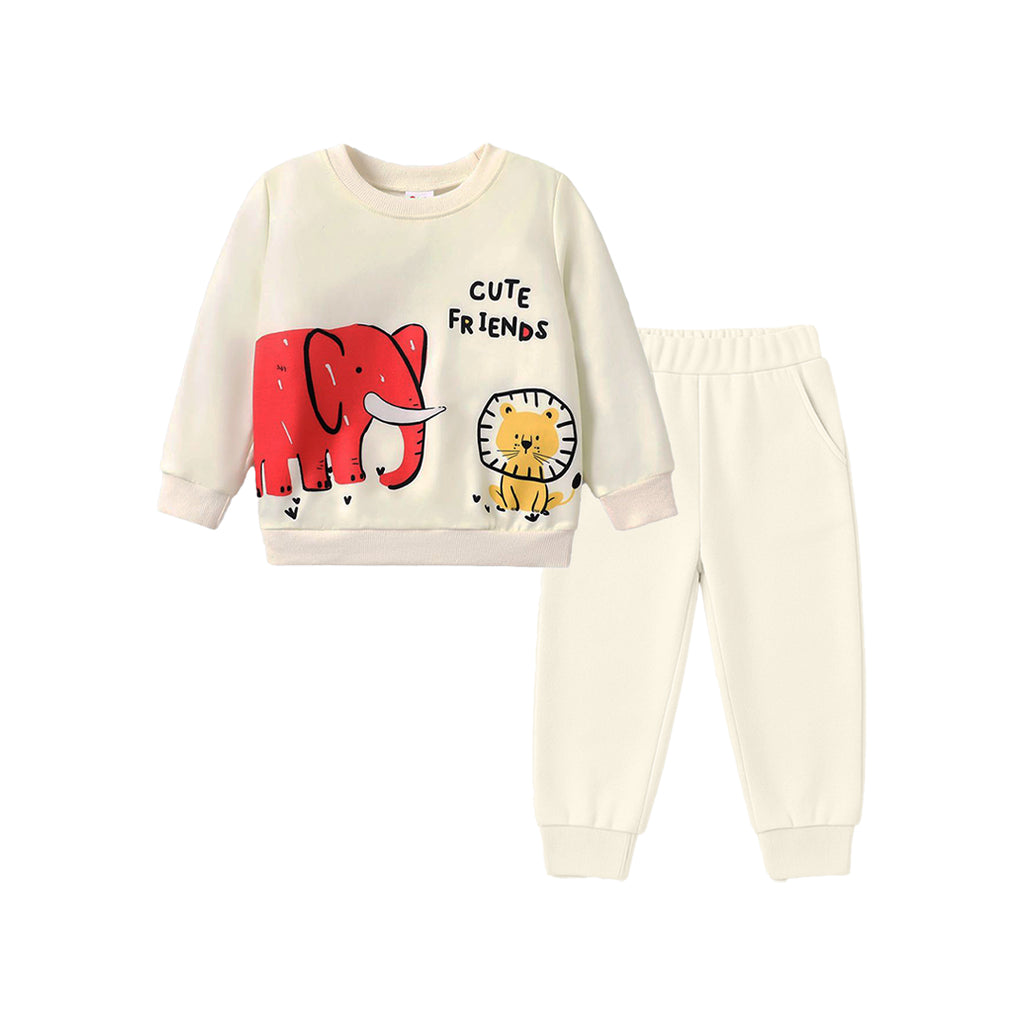 "CUTE ELEPHANT & LION" OFF-WHITE SWEATSHIRT SET