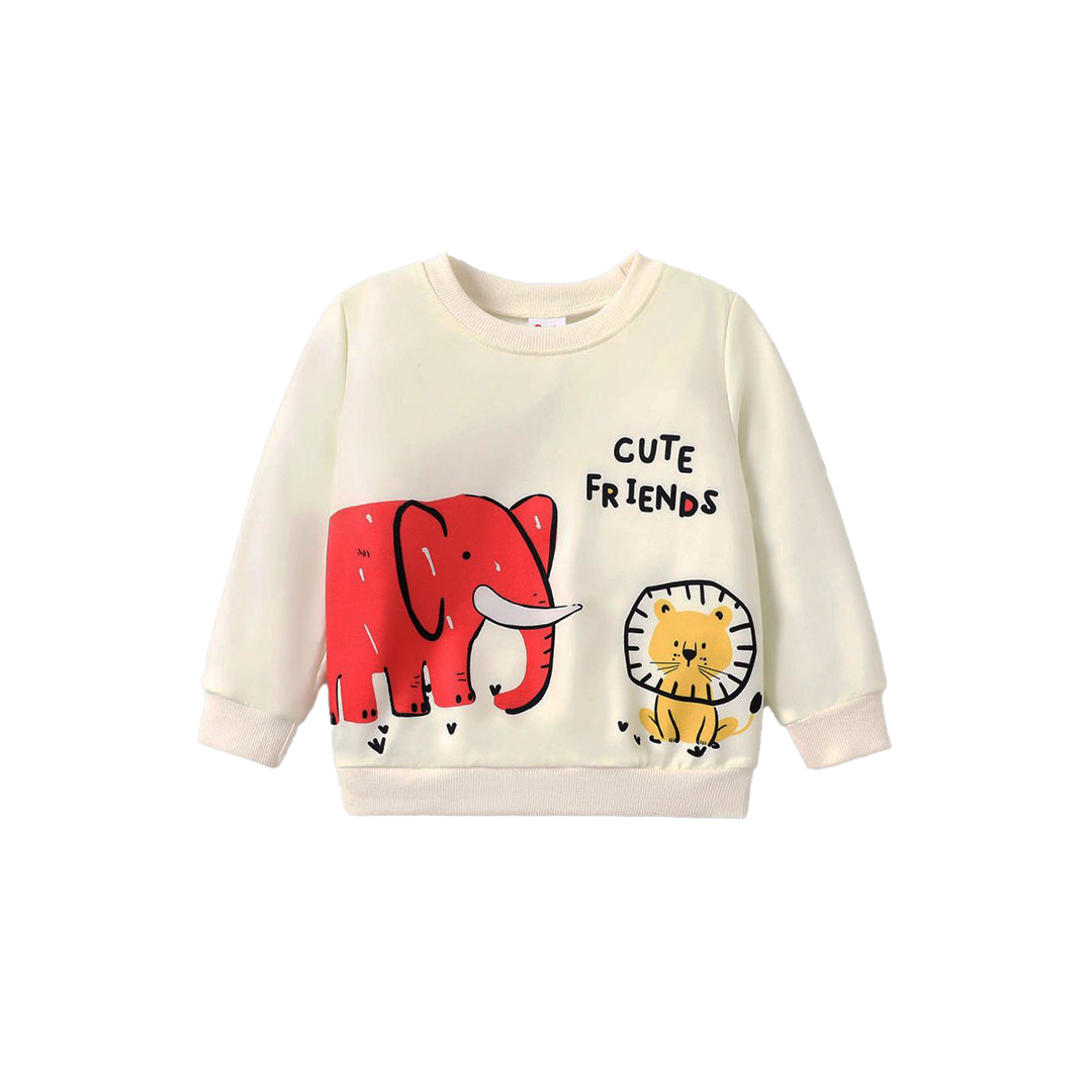 "CUTE ELEPHANT & LION" OFF-WHITE SWEATSHIRT SET